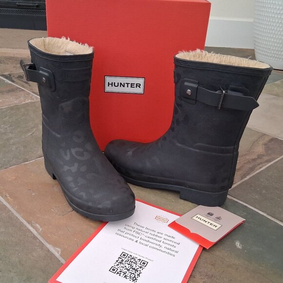 Hunter Black Rain Winter Boots with Fur Lined - Picture 1 of 5